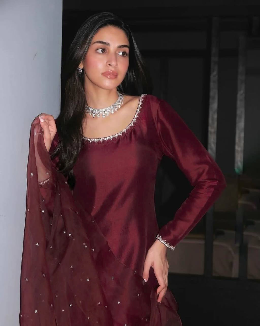 AAvaran AAvaran Maroon Jimmy Choo Silk Embroidered Kurti Pant Set with Dupatta Kurti Set with dupatta & Pant