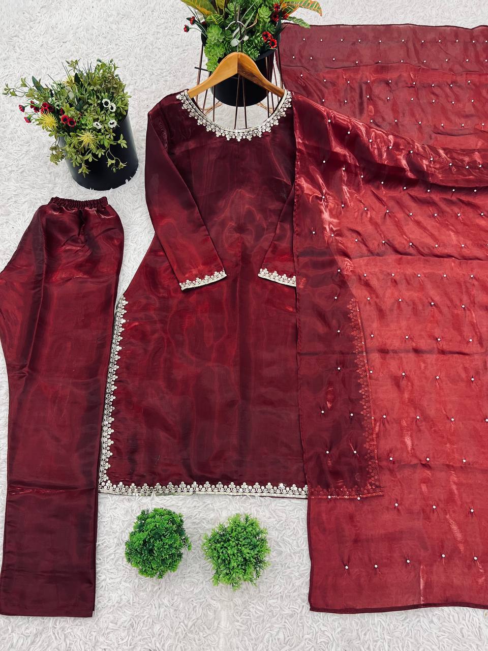 AAvaran AAvaran Maroon Jimmy Choo Silk Embroidered Kurti Pant Set with Dupatta Kurti Set with dupatta & Pant