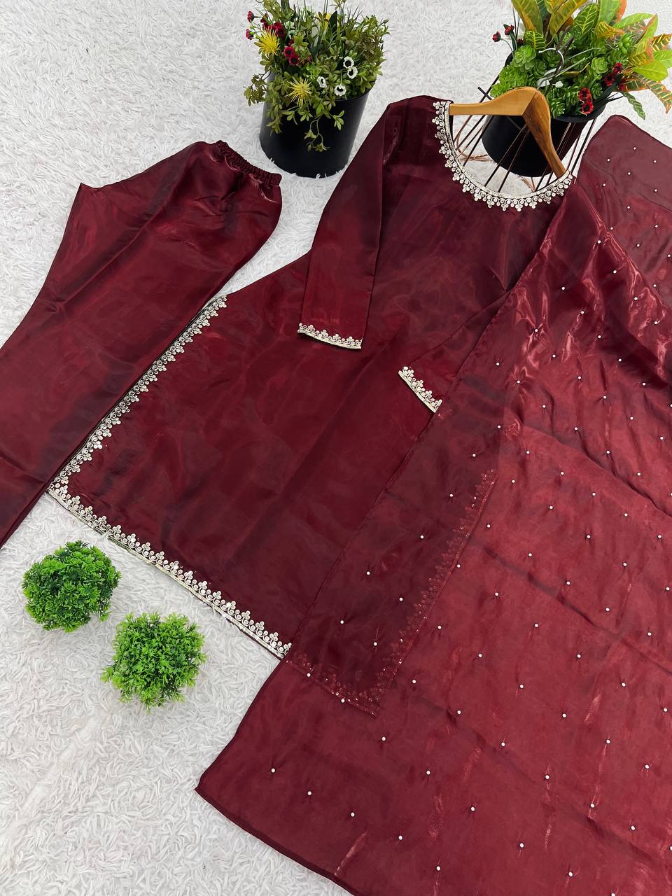 AAvaran AAvaran Maroon Jimmy Choo Silk Embroidered Kurti Pant Set with Dupatta Kurti Set with dupatta & Pant