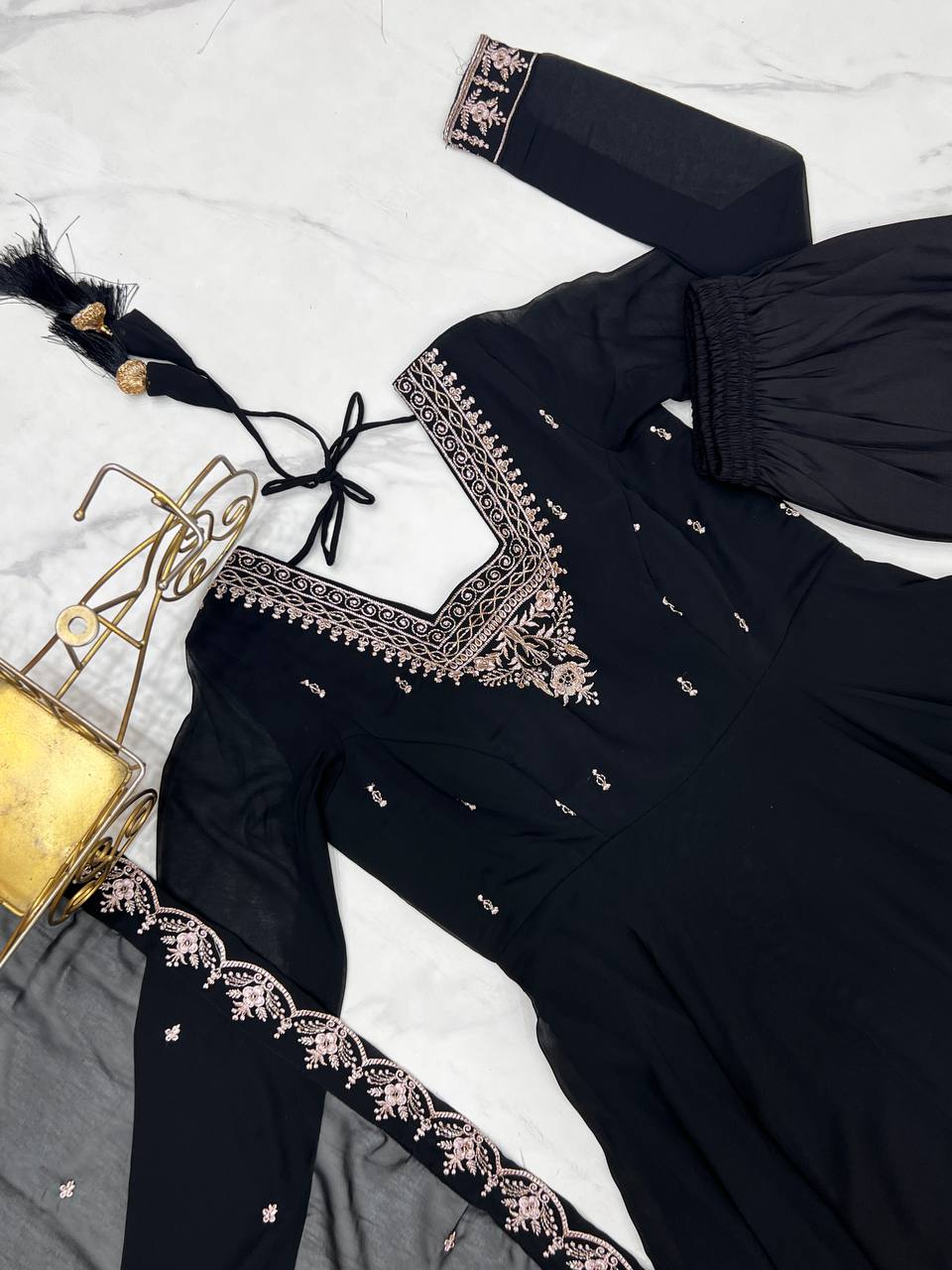 AAvaran AAvaran Black, Purple & Green Faux Georgette Embroidered Anarkali Suit Set Anarkali Set with dupatta & Pant