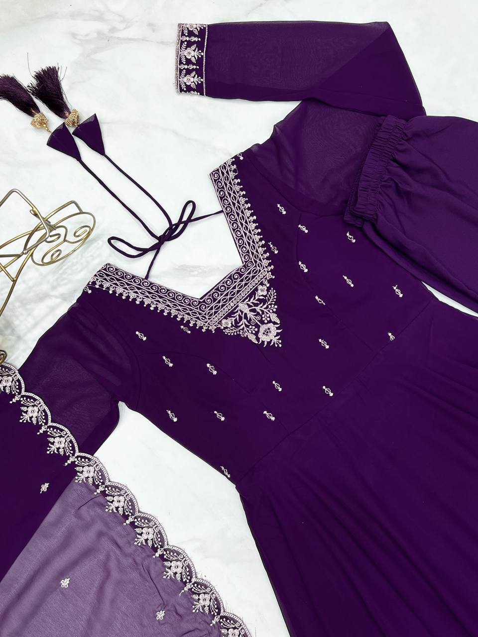 AAvaran AAvaran Black, Purple & Green Faux Georgette Embroidered Anarkali Suit Set Anarkali Set with dupatta & Pant