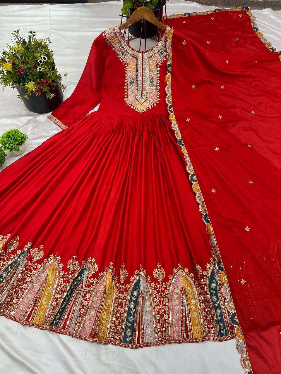 AAvaran AAvaran Heavy Chinon Silk Embroidered Anarkali with Dupatta | Full Sleeves Cherry Red Anarkali Set with dupatta & Pant