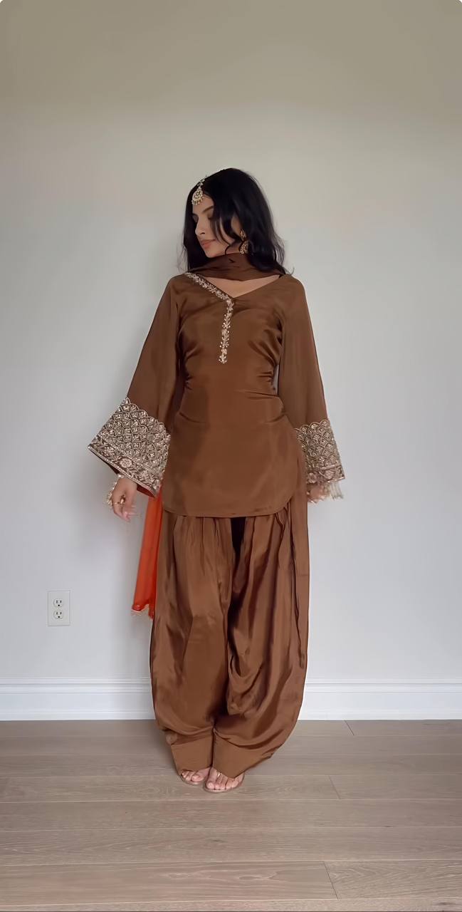 AAvaran AAvaran Sepia Brown Natural Satin Silk Embroidered Farshi Suit Set Kurti Set with dupatta & Sharara Plazo