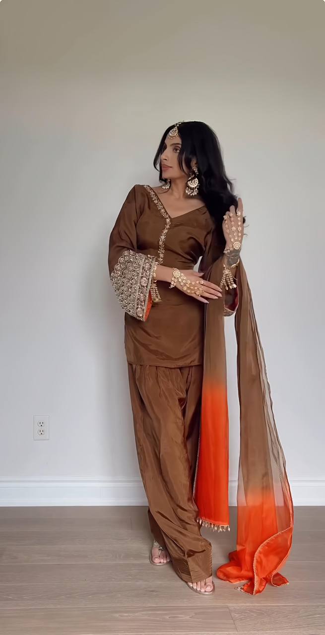 AAvaran AAvaran Sepia Brown Natural Satin Silk Embroidered Farshi Suit Set Kurti Set with dupatta & Sharara Plazo