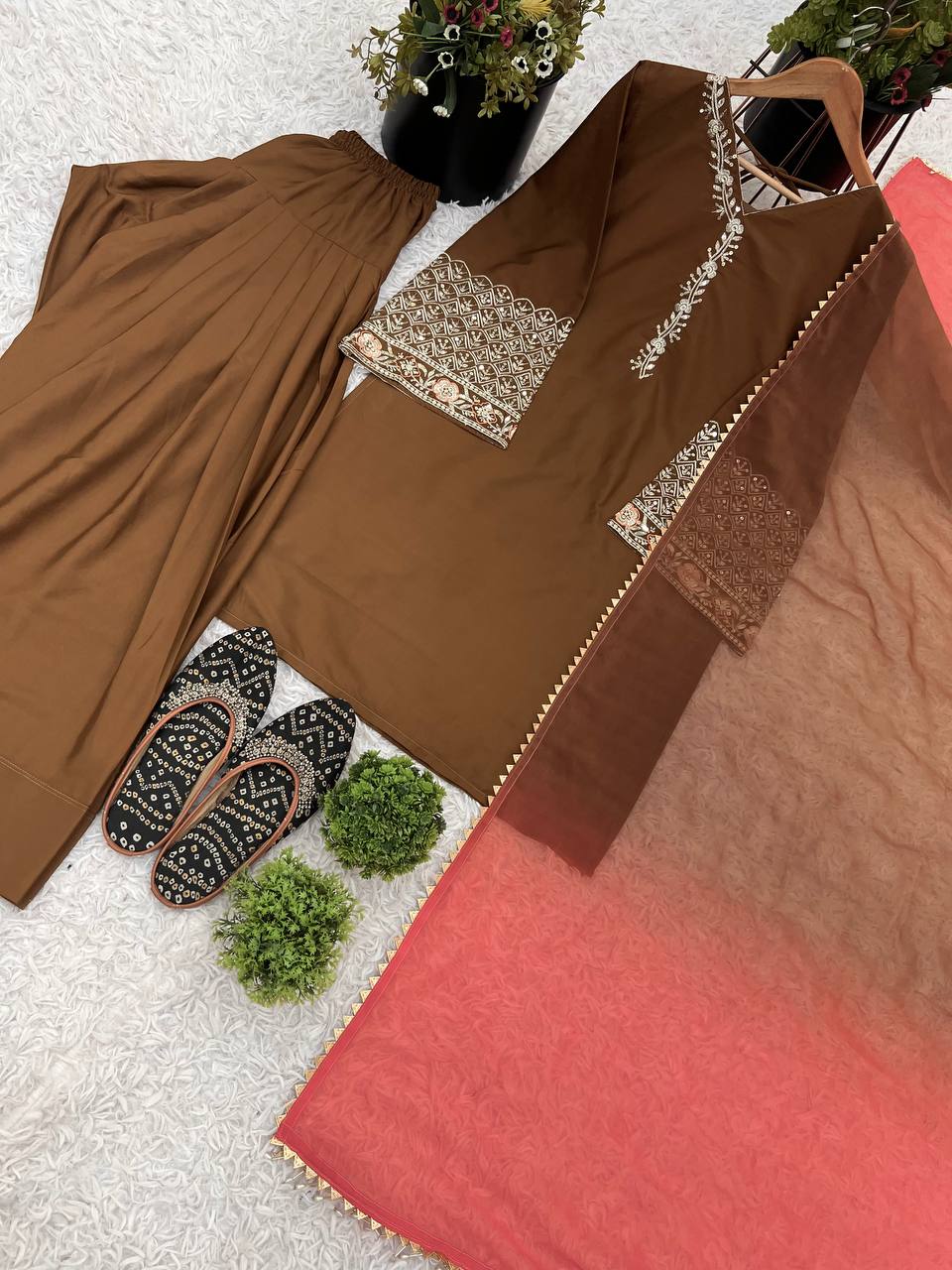 AAvaran AAvaran Sepia Brown Natural Satin Silk Embroidered Farshi Suit Set Kurti Set with dupatta & Sharara Plazo