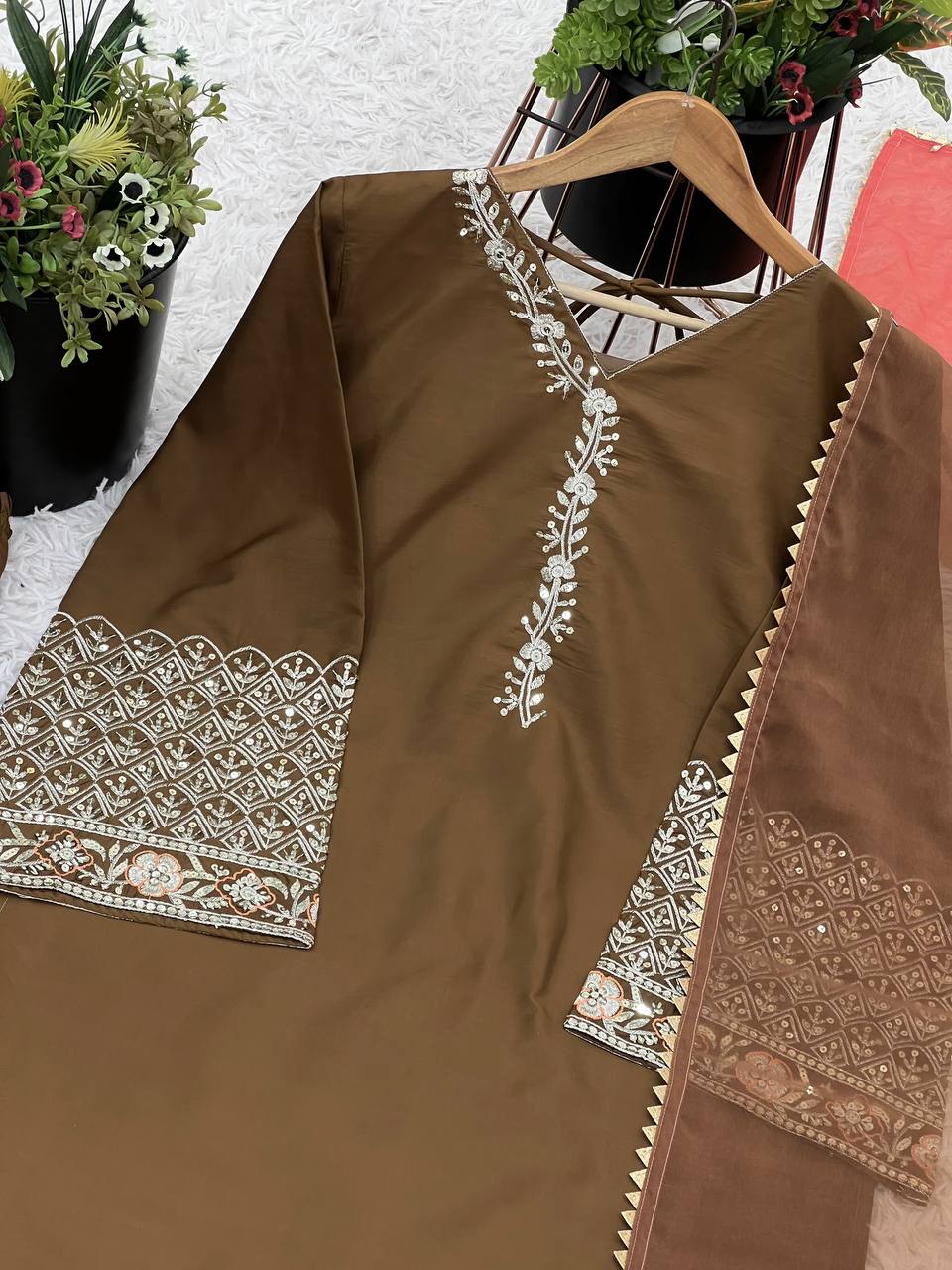 AAvaran AAvaran Sepia Brown Natural Satin Silk Embroidered Farshi Suit Set Kurti Set with dupatta & Sharara Plazo