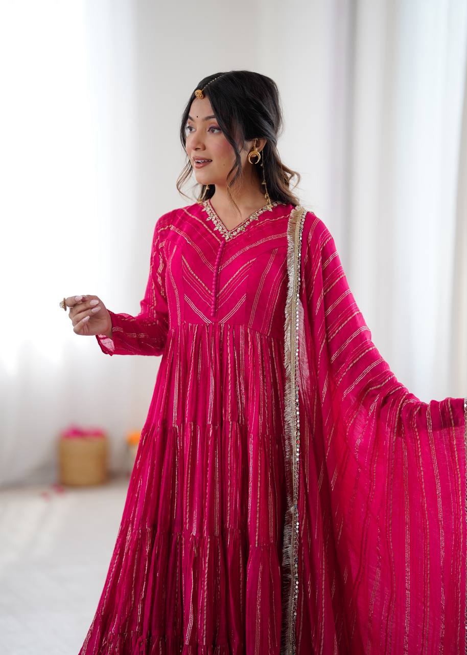 AAvaran Coral x Ruby Red Radiance Mirror Handwork Ruffle Gown Set Anarkali Set with dupatta & Pant