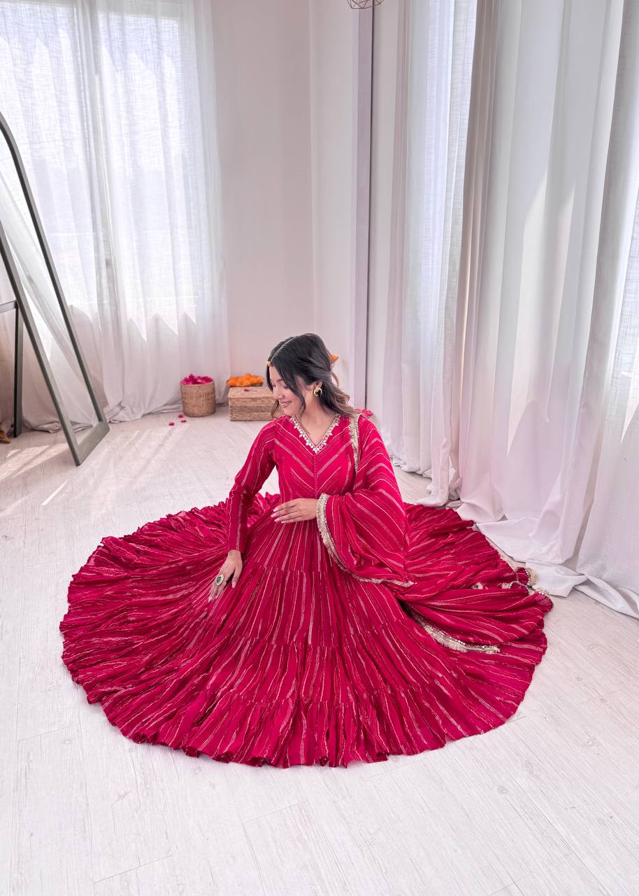 AAvaran Coral x Ruby Red Radiance Mirror Handwork Ruffle Gown Set Anarkali Set with dupatta & Pant