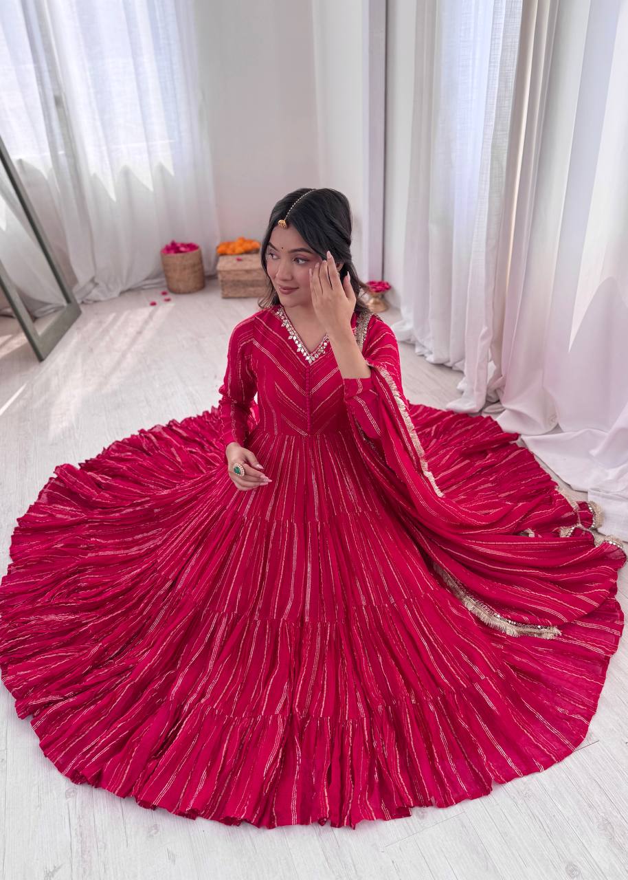 AAvaran Coral x Ruby Red Radiance Mirror Handwork Ruffle Gown Set Anarkali Set with dupatta & Pant