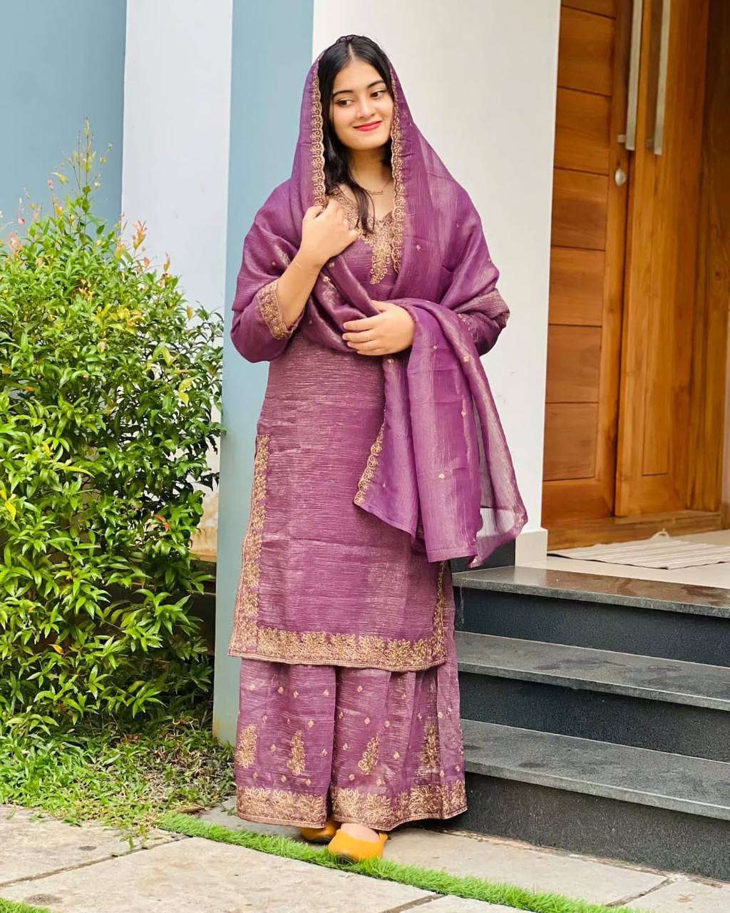 AAvaran AAvaran Crunchy Silk Embroidered Salwar Kameez Set Plum Salwar Suit