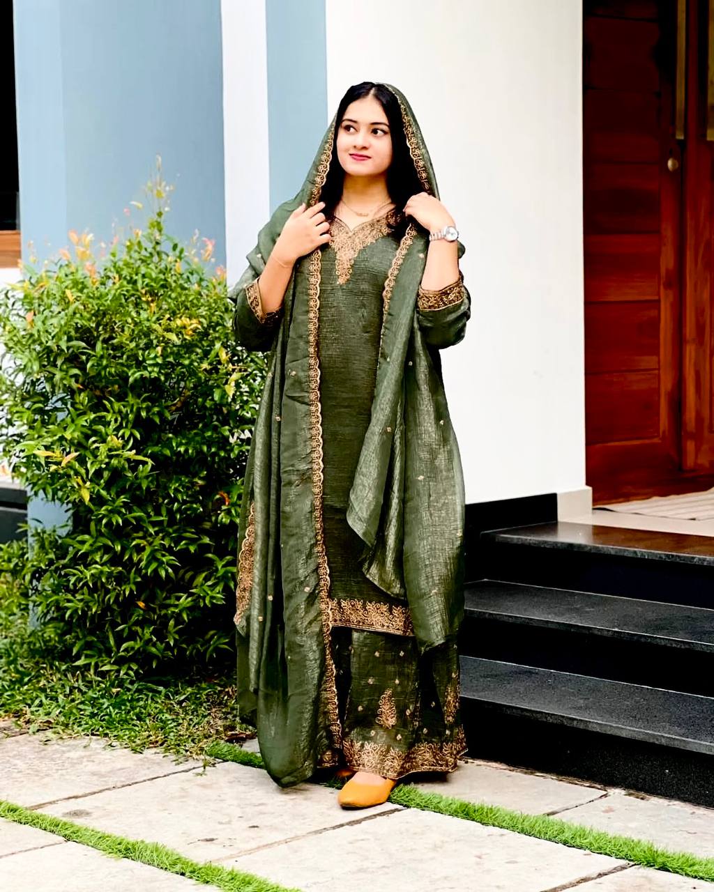 AAvaran AAvaran Crunchy Silk Embroidered Salwar Kameez Set Olive Salwar Suit