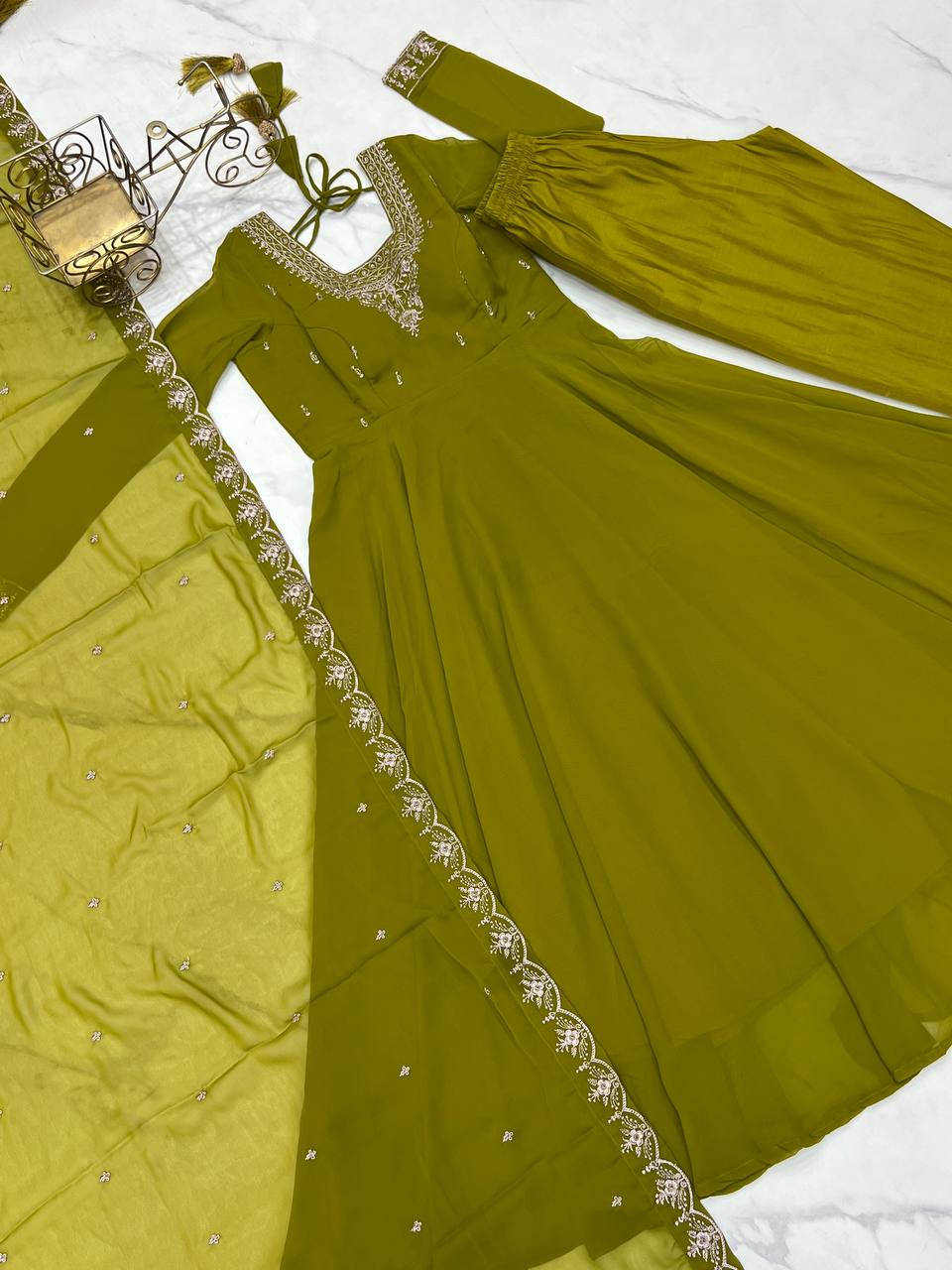 AAvaran AAvaran Black, Purple & Green Faux Georgette Embroidered Anarkali Suit Set Anarkali Set with dupatta & Pant