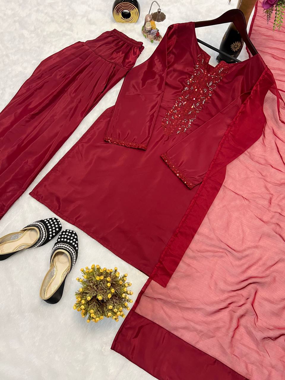 AAvaran AAvaran Crimson Red Crepe Silk Hand-Embroidered Farshi Salwar Kameez Set Kurti Set with dupatta & Sharara Plazo