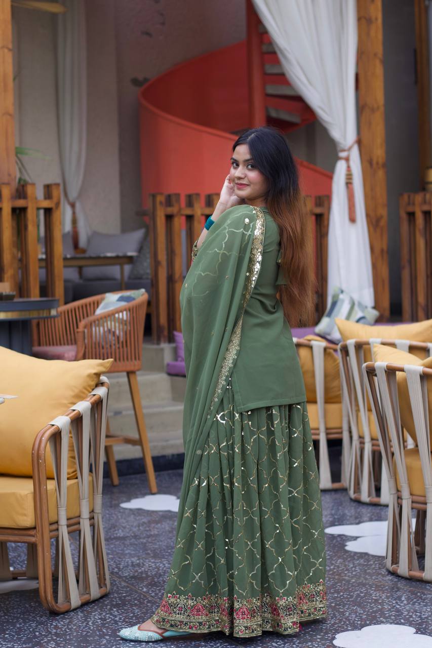 AAvaran AAvaran Pistachio & Dark Yellow Chinon Silk Embroidered Sharara Plazo Set Kurti Set with dupatta & Sharara Plazo