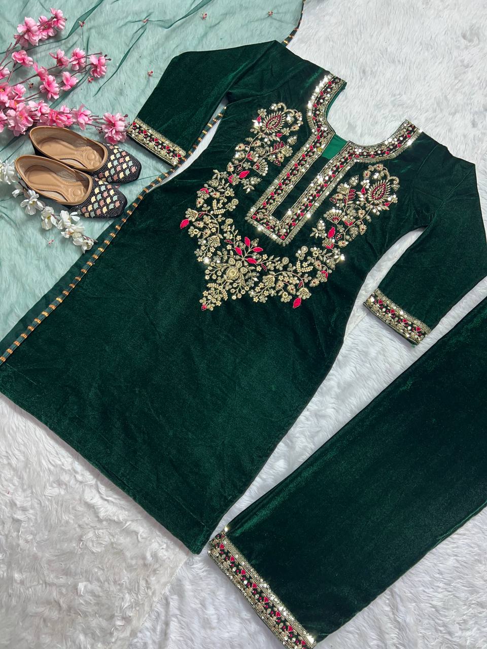 AAvaran Dark Green Velvet Garland Neckline Kurta Set with Palazzo