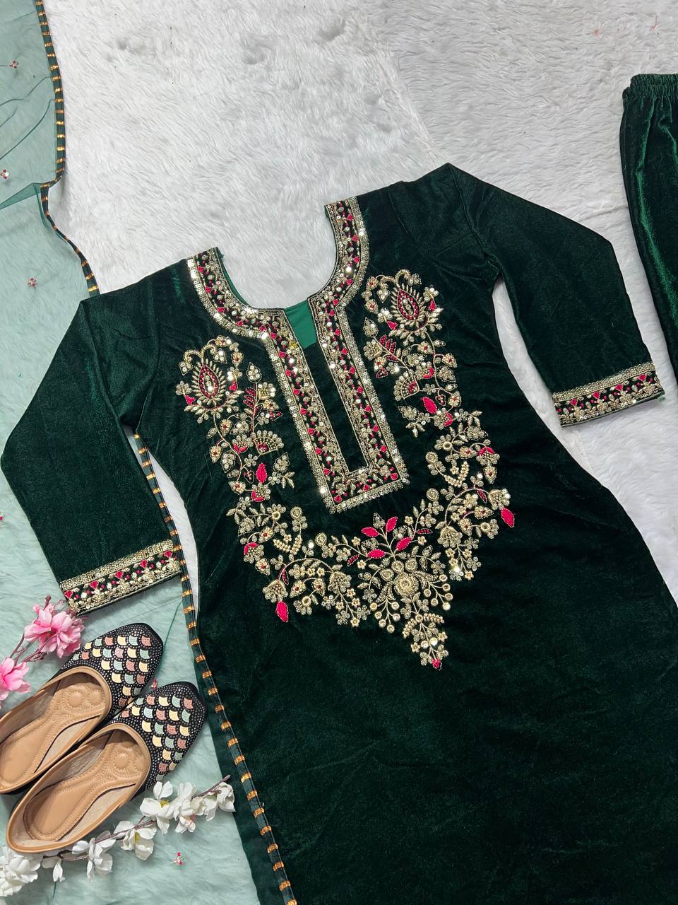 AAvaran Dark Green Velvet Garland Neckline Kurta Set with Palazzo