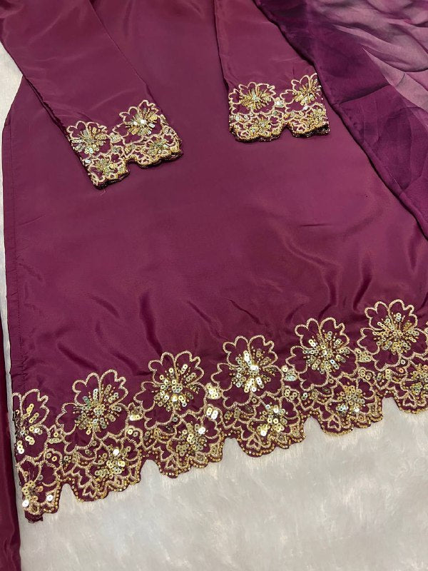 AAvaran Heavy Crepe Silk Farshi Salwar Suit with Handwork & Dupatta