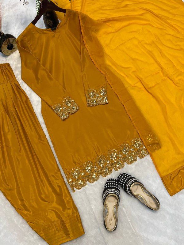 AAvaran Heavy Crepe Silk Farshi Salwar Suit with Handwork & Dupatta