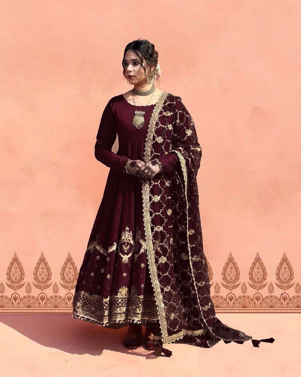 AAvaran AAvaran Red, White & Burgundy Heavy Faux Georgette Embroidered Anarkali Suit Burgundy Anarkali Set with dupatta & Pant