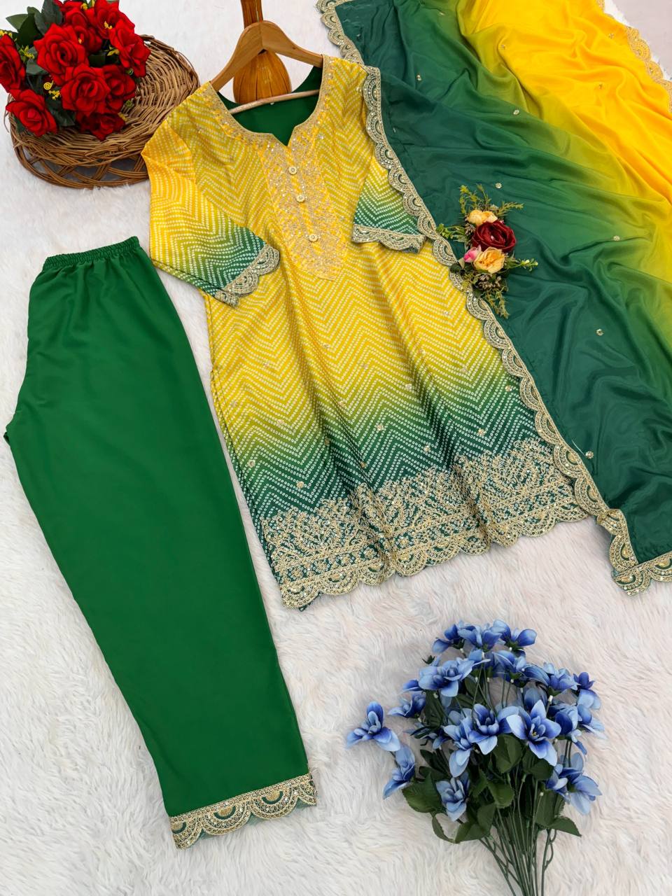 AAvaran Chinon Silk Bandhani Digital Print Top with Dupatta and Embroidery Sequence Work