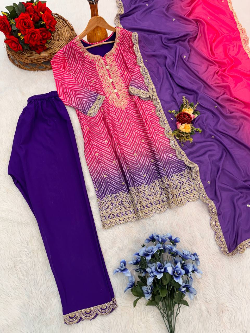 AAvaran Chinon Silk Bandhani Digital Print Top with Dupatta and Embroidery Sequence Work
