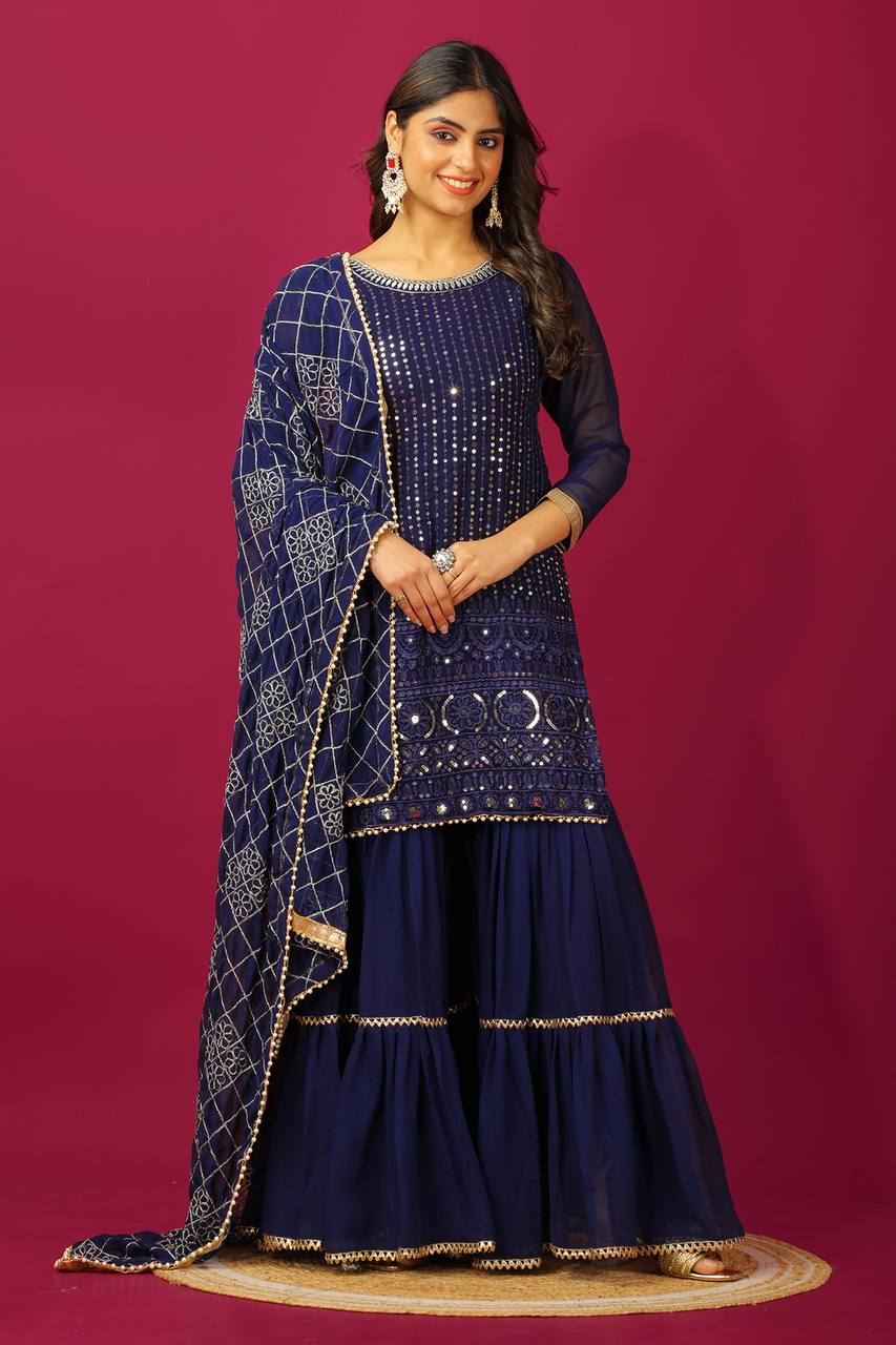 AAvaran Faux Georgette Embroidered Sharara Suit with Sequin Work | AAvaran Navy blue Kurti Set with dupatta & Sharara Plazo