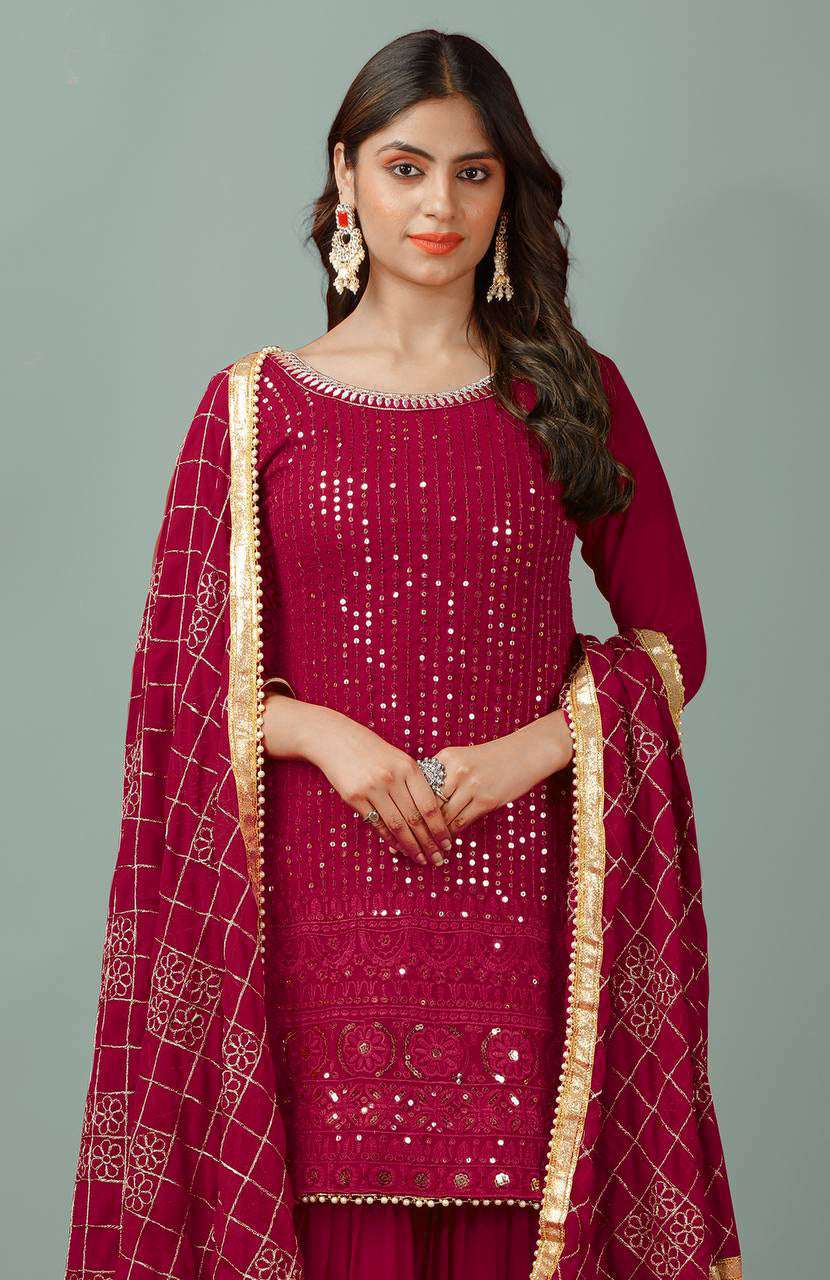 AAvaran Faux Georgette Embroidered Sharara Suit with Sequin Work | AAvaran Kurti Set with dupatta & Sharara Plazo