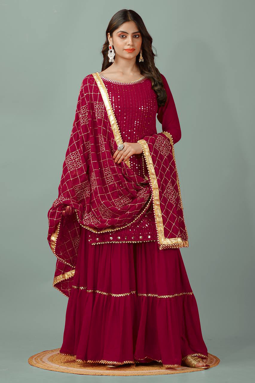 AAvaran Faux Georgette Embroidered Sharara Suit with Sequin Work | AAvaran Crimson Red Kurti Set with dupatta & Sharara Plazo