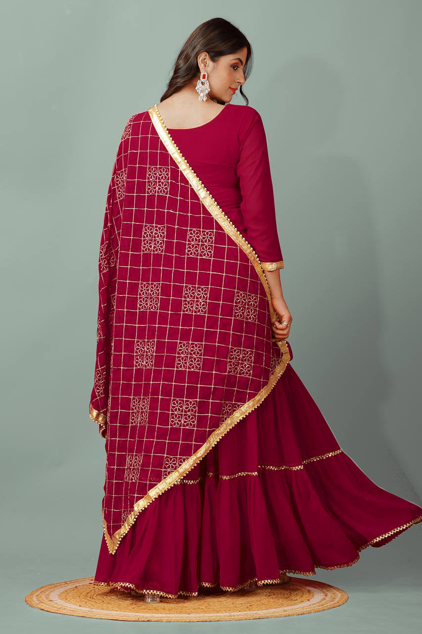 AAvaran Faux Georgette Embroidered Sharara Suit with Sequin Work | AAvaran Kurti Set with dupatta & Sharara Plazo