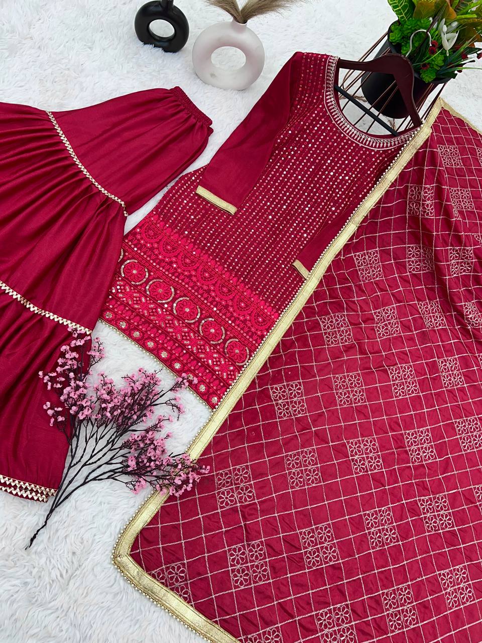 AAvaran Faux Georgette Embroidered Sharara Suit with Sequin Work | AAvaran Kurti Set with dupatta & Sharara Plazo