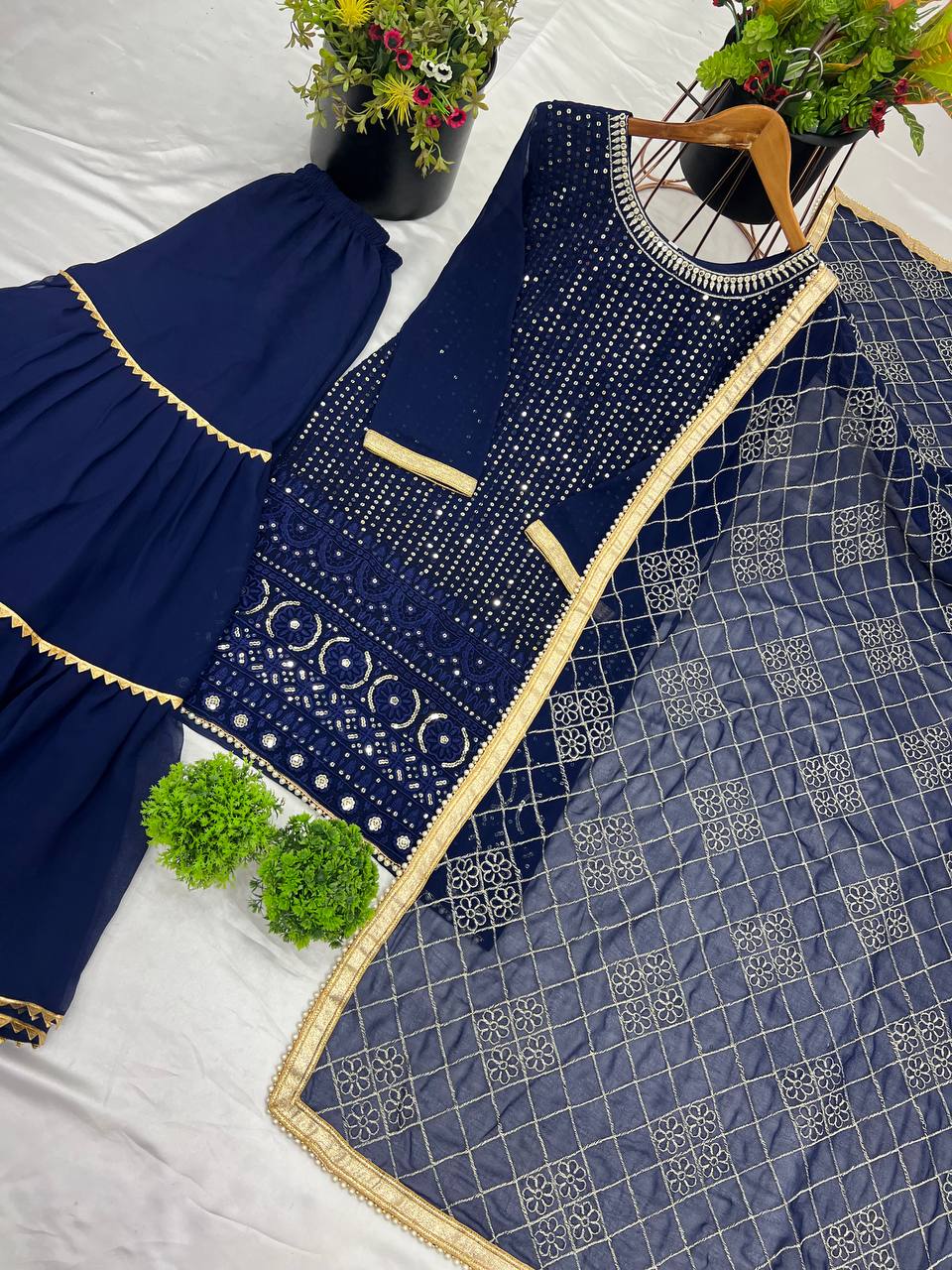 AAvaran Faux Georgette Embroidered Sharara Suit with Sequin Work | AAvaran Kurti Set with dupatta & Sharara Plazo