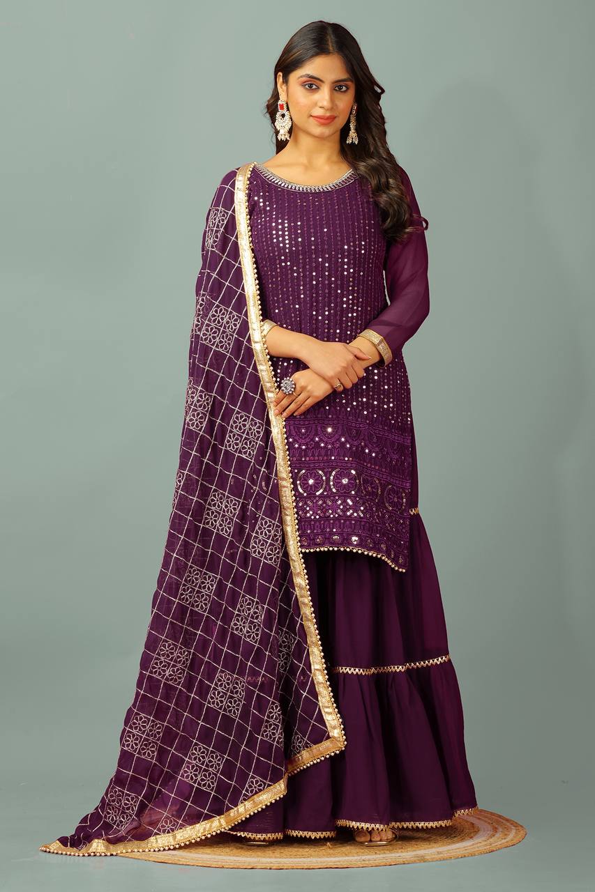 AAvaran Faux Georgette Embroidered Sharara Suit with Sequin Work | AAvaran Dark Purple Kurti Set with dupatta & Sharara Plazo