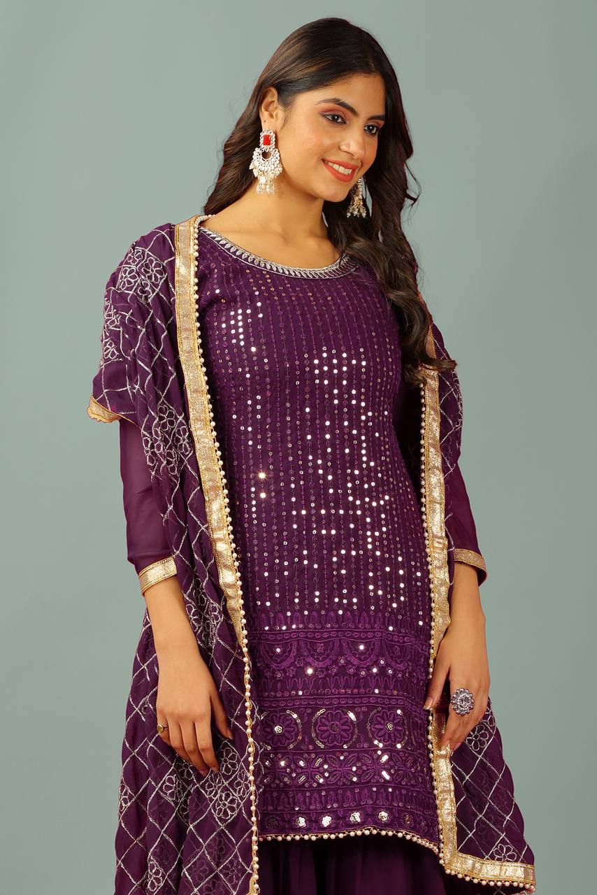AAvaran Faux Georgette Embroidered Sharara Suit with Sequin Work | AAvaran Kurti Set with dupatta & Sharara Plazo