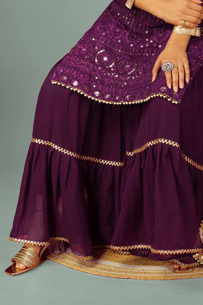 AAvaran Faux Georgette Embroidered Sharara Suit with Sequin Work | AAvaran Kurti Set with dupatta & Sharara Plazo