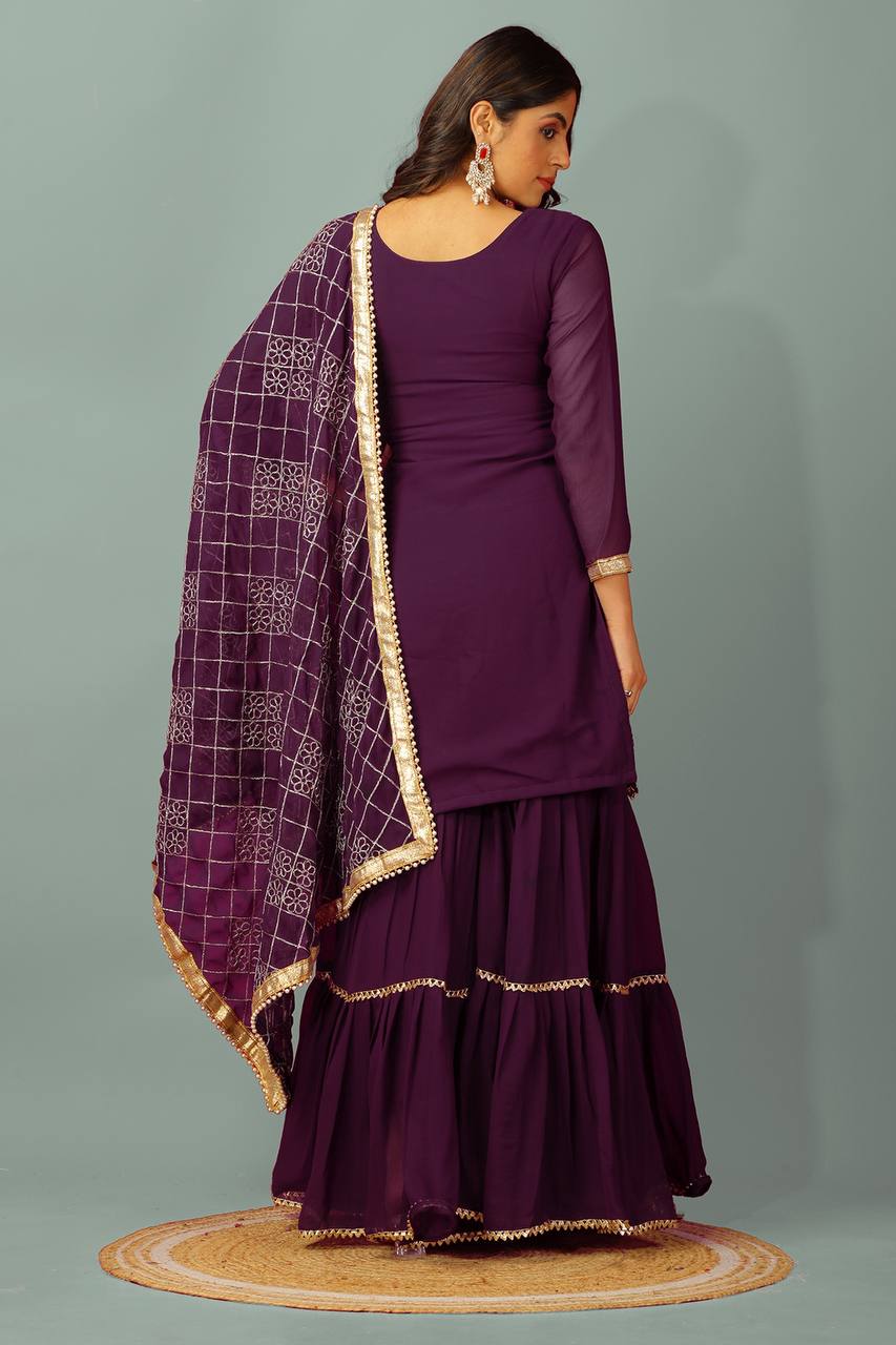 AAvaran Faux Georgette Embroidered Sharara Suit with Sequin Work | AAvaran Kurti Set with dupatta & Sharara Plazo