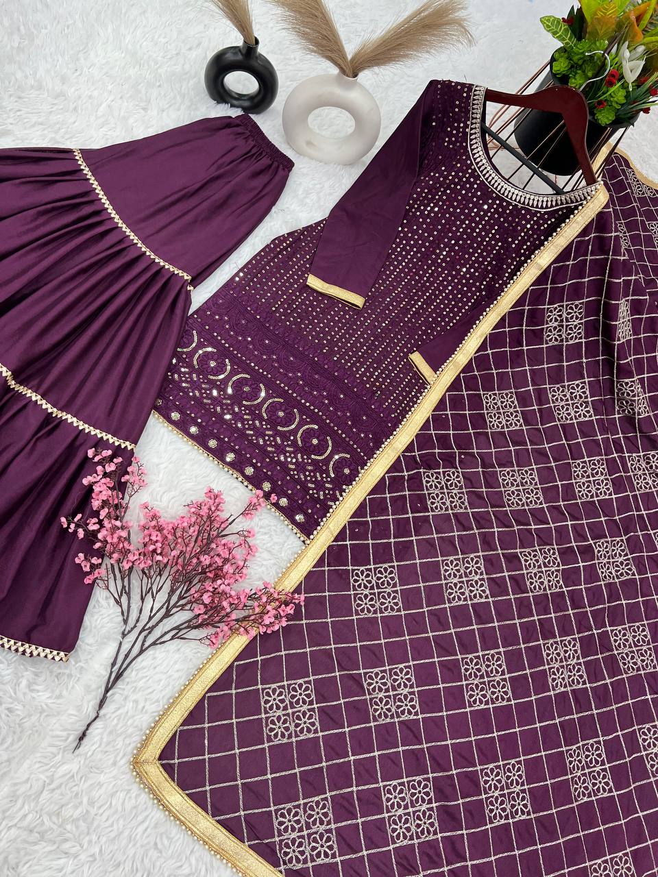 AAvaran Faux Georgette Embroidered Sharara Suit with Sequin Work | AAvaran Kurti Set with dupatta & Sharara Plazo