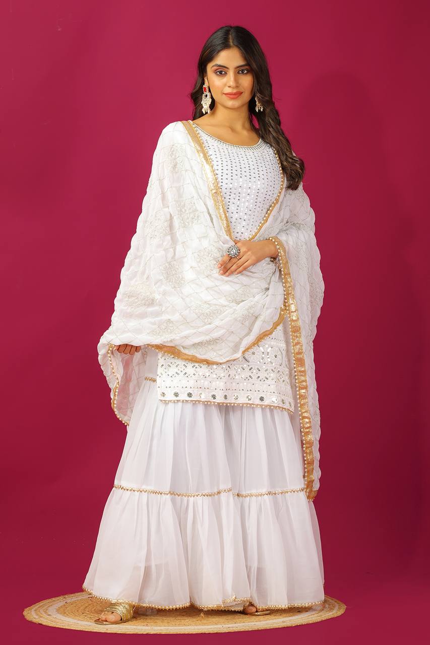 AAvaran Faux Georgette Embroidered Sharara Suit with Sequin Work | AAvaran White Kurti Set with dupatta & Sharara Plazo