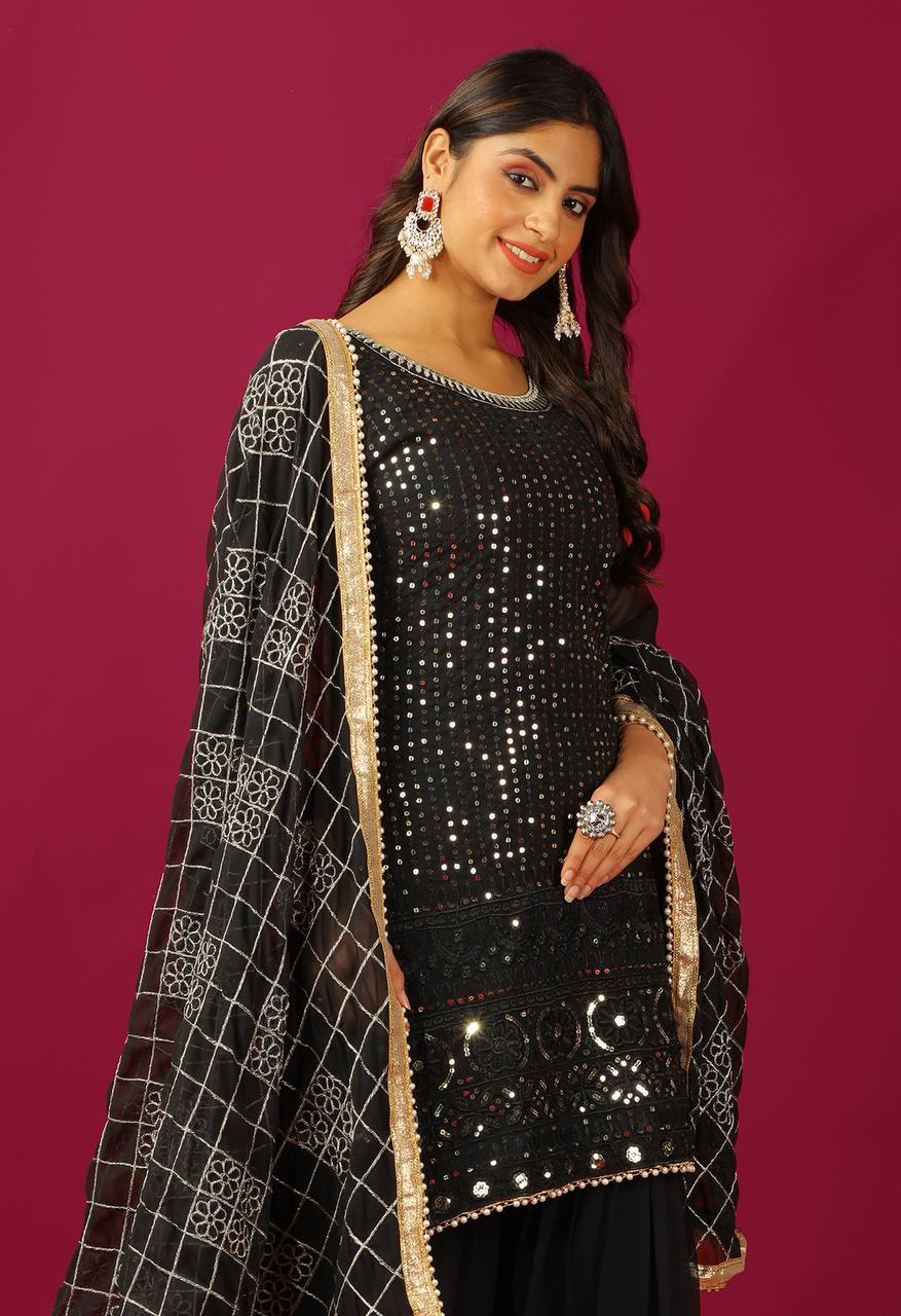 AAvaran Faux Georgette Embroidered Sharara Suit with Sequin Work | AAvaran Kurti Set with dupatta & Sharara Plazo