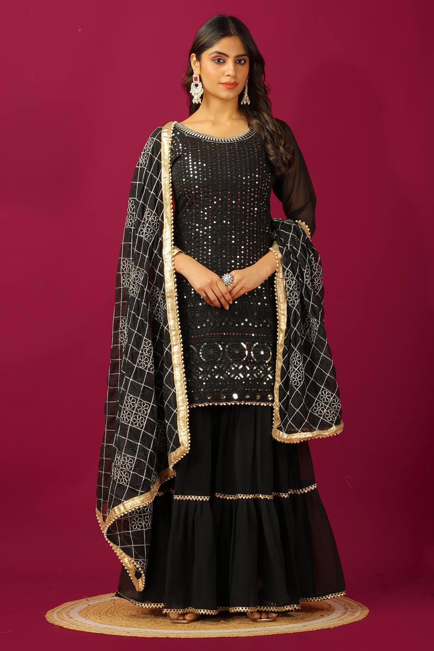 AAvaran Faux Georgette Embroidered Sharara Suit with Sequin Work | AAvaran Black Kurti Set with dupatta & Sharara Plazo