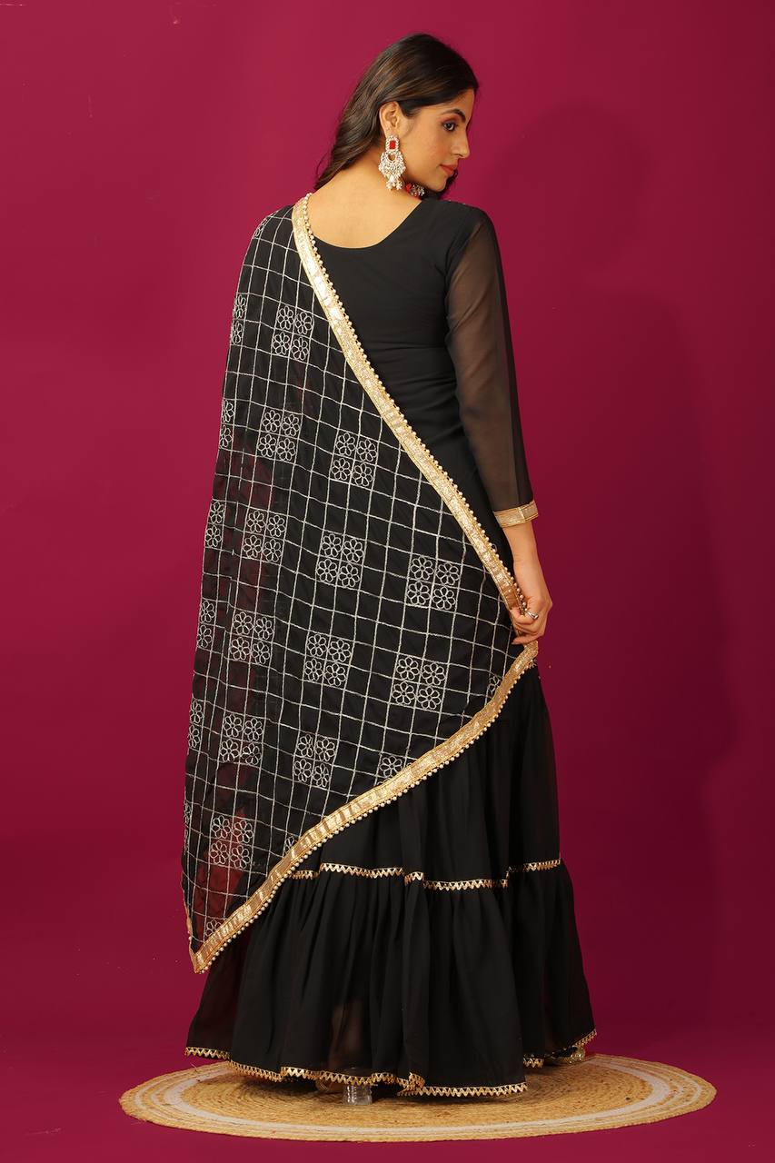 AAvaran Faux Georgette Embroidered Sharara Suit with Sequin Work | AAvaran Kurti Set with dupatta & Sharara Plazo