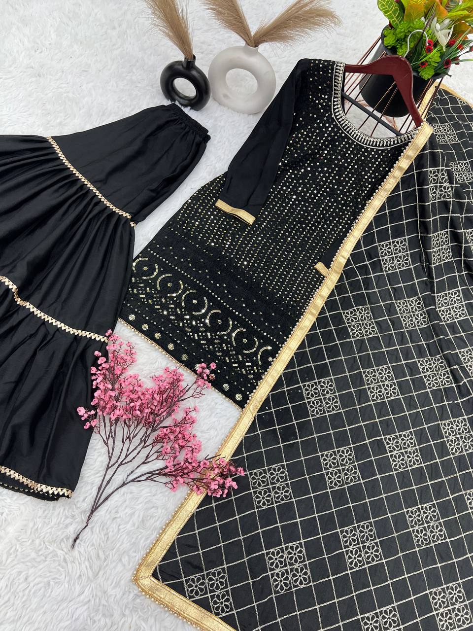 AAvaran Faux Georgette Embroidered Sharara Suit with Sequin Work | AAvaran Kurti Set with dupatta & Sharara Plazo