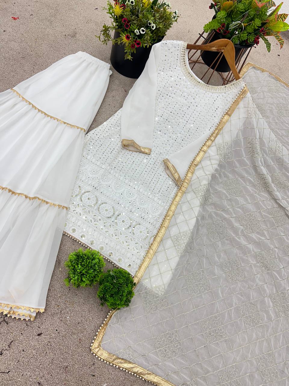 AAvaran Faux Georgette Embroidered Sharara Suit with Sequin Work | AAvaran Kurti Set with dupatta & Sharara Plazo