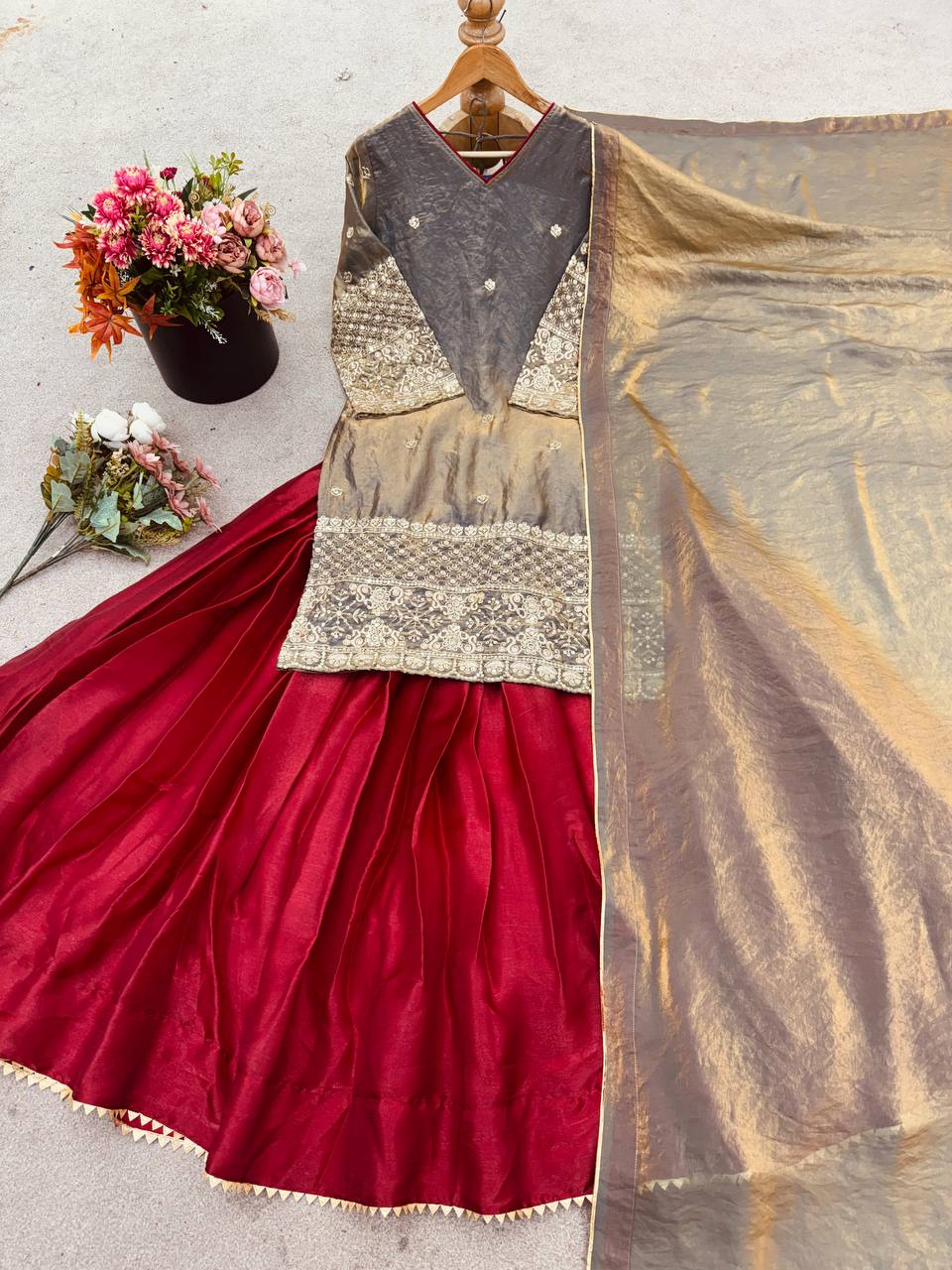 AAvaran Grey Fendi Crush Embroidered Sharara Lehenga Set