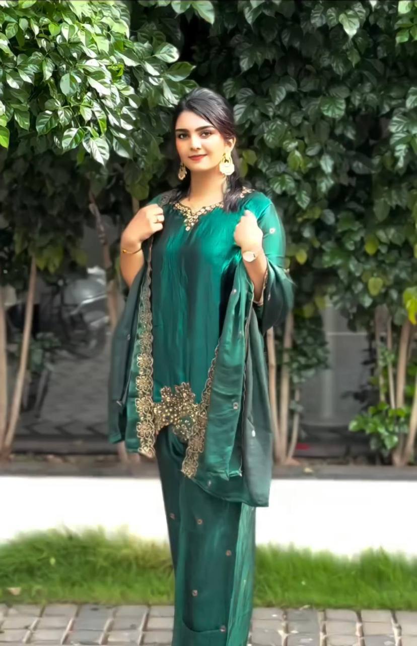 AAvaran AAvaran Luxe Jimmy Choo Embroidery Sequin Work Kurti Palazzo Set with Dupatta Teal Kurti Set with dupatta & Pant