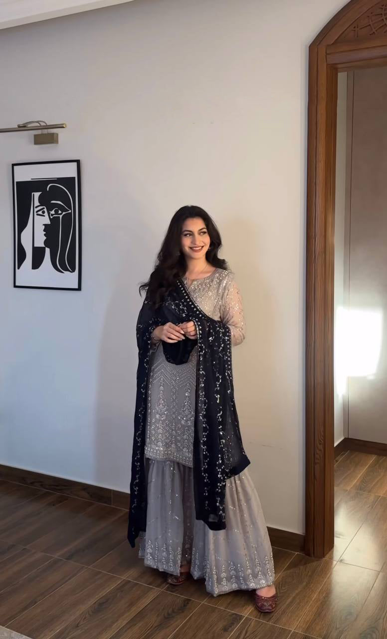 AAvaran Georgette Grey Sharara Set