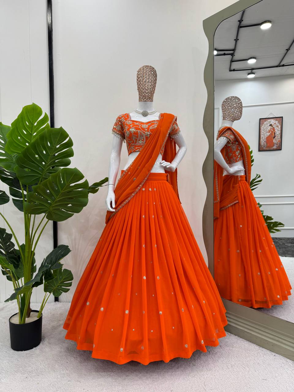 AAvaran Orange–Cobalt Ruffle Lehenga Saree Lehenga Saree