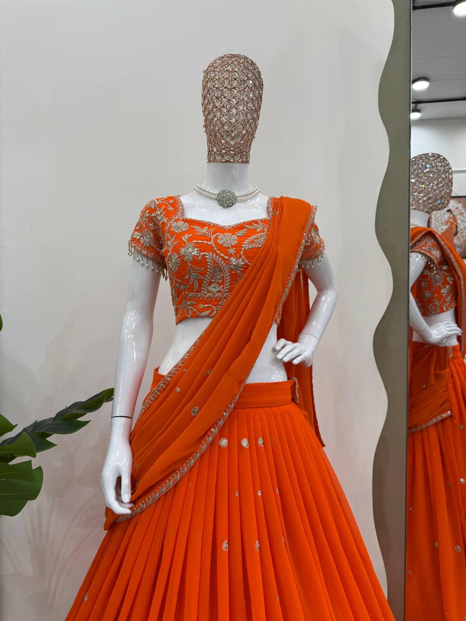 AAvaran Orange–Cobalt Ruffle Lehenga Saree Lehenga Saree