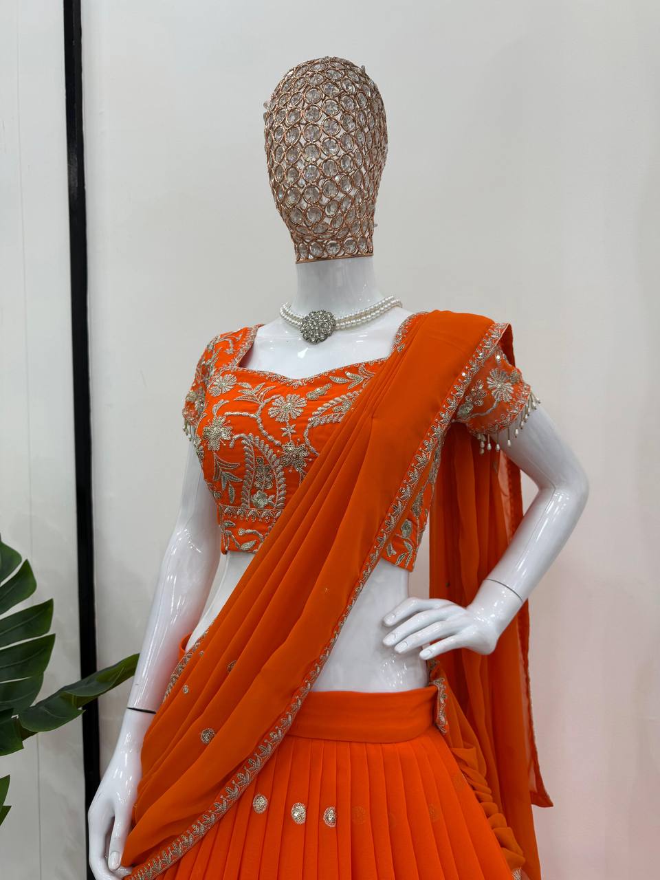 AAvaran Orange–Cobalt Ruffle Lehenga Saree Lehenga Saree