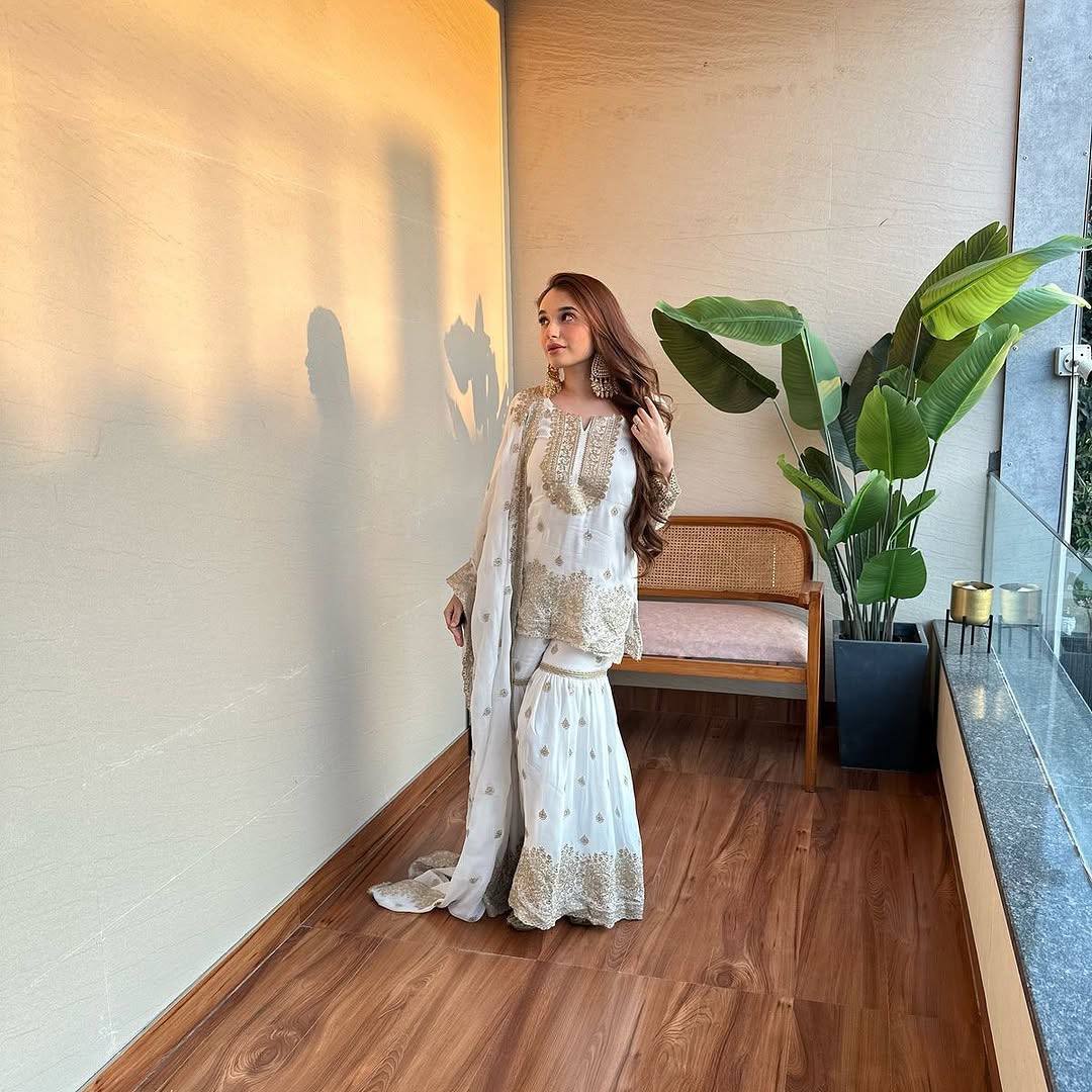 AAvaran White Chinon Silk Sharara Set with 5mm Sequin Detailing | AAvaran Kurti Set with dupatta & Sharara Plazo