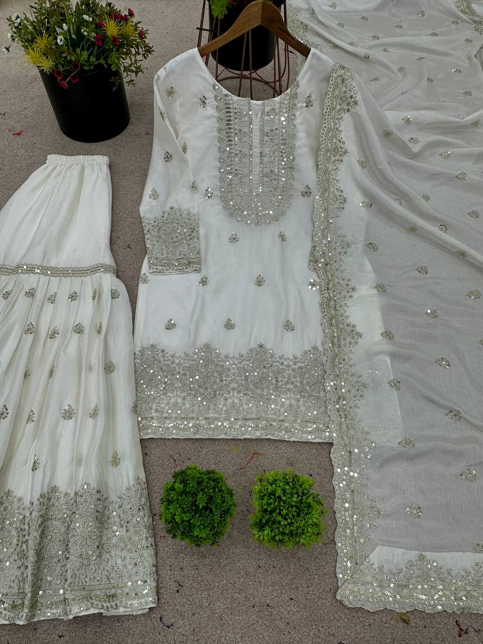 AAvaran White Chinon Silk Sharara Set with 5mm Sequin Detailing | AAvaran Kurti Set with dupatta & Sharara Plazo